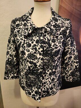 Talbots Petites Black White Floral Print Blazer Jacket 3/4 Sleeve Women's Size 2